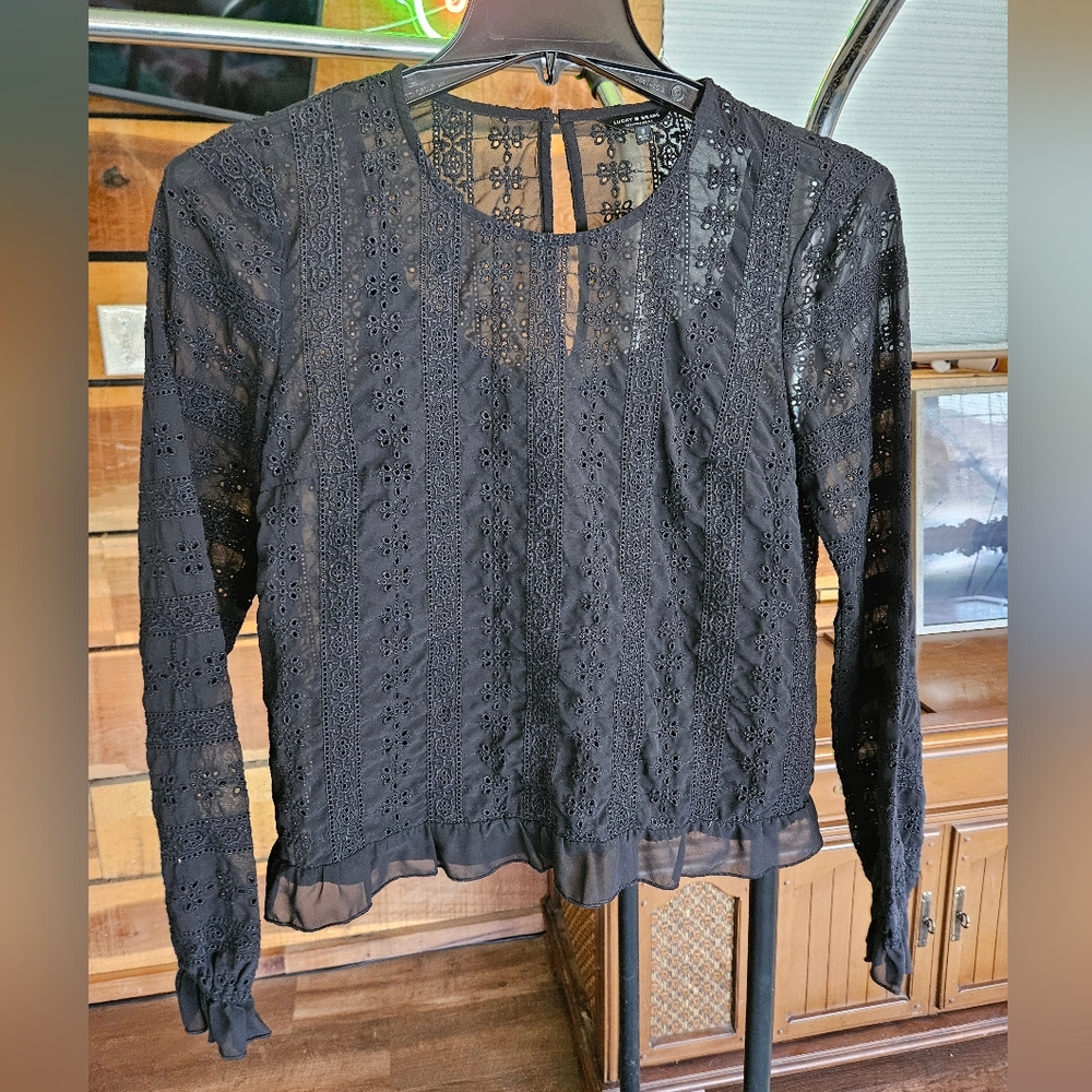 Lucky Brand Eyelet Embroidered Black Women's Top Size Small Bohemian Cottagecore